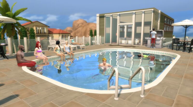 Imagem de Sims se divertindo em uma piscina curva no The Sims 4, destacando as novidades da atualização.