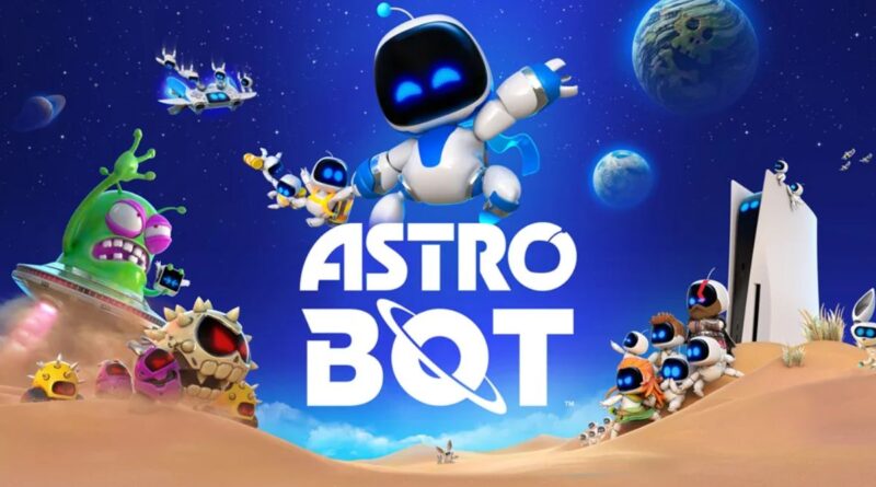 Imagem promocional de Astro Bot com o personagem principal e outros robôs em um cenário espacial.