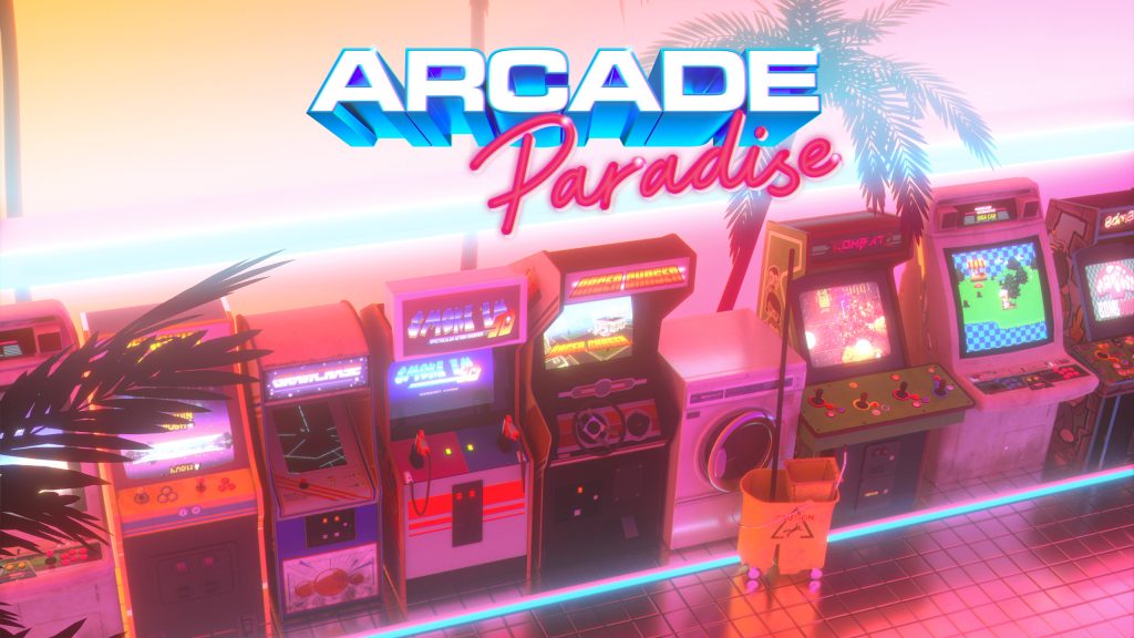 Imagem promocional de Arcade Paradise com uma série de máquinas de fliperama clássicas dos anos 90 em um ambiente iluminado por luzes neon coloridas.