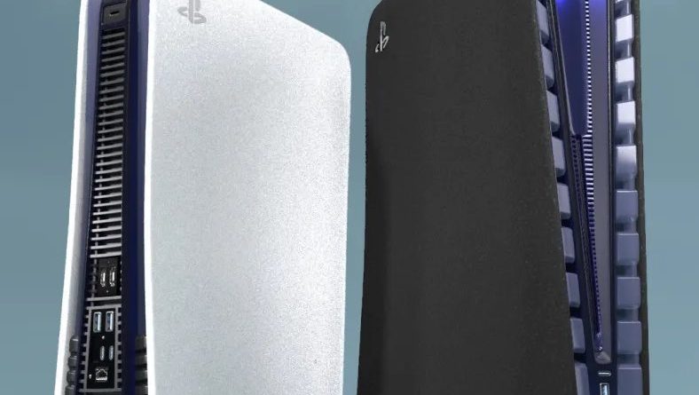 PS5 Pro Imagem de dois consoles PlayStation 5, um com design padrão branco e outro com design customizado em preto.