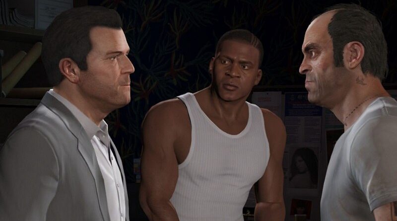 Cena do jogo Grand Theft Auto V com os personagens Michael, Franklin e Trevor em uma discussão.