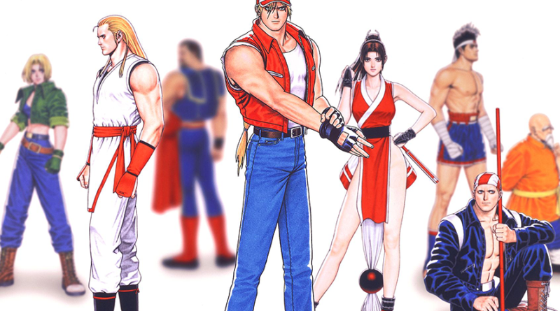 Arte promocional do jogo Real Bout Fatal Fury para o console Mega Drive, mostrando personagens icônicos como Terry Bogard, Mai Shiranui e Andy Bogard.