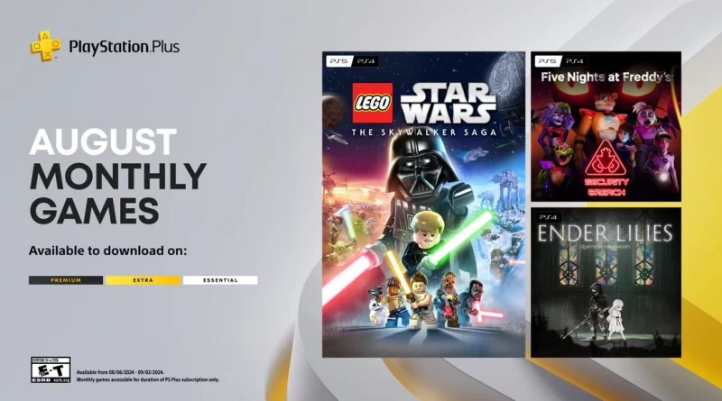 Jogos gratuitos de agosto da PlayStation Plus, incluindo LEGO Star Wars, Five Nights at Freddy's e Ender Lilies.