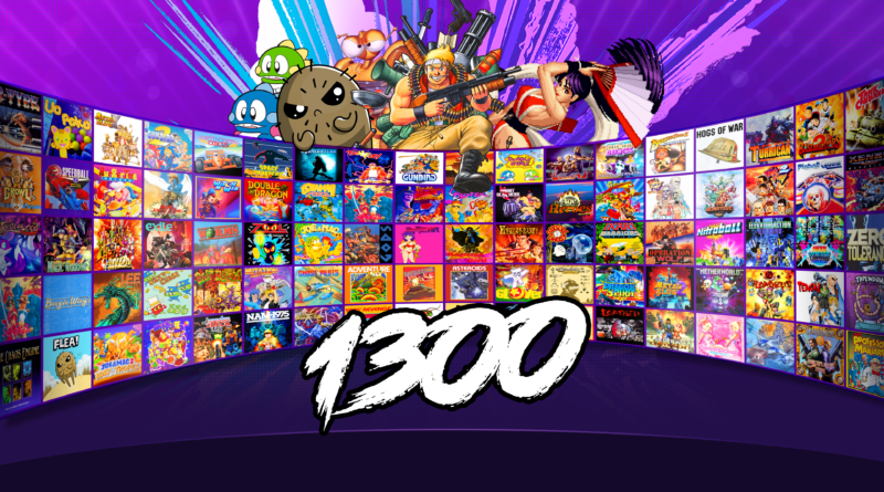 Imagem promocional da Antstream Arcade mostrando um catálogo de mais de 1.300 jogos clássicos disponíveis para streaming.