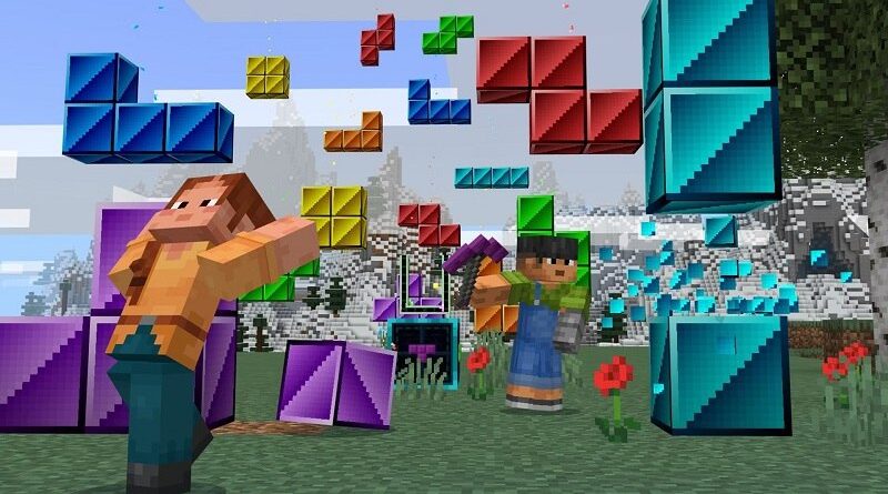 Personagens de Minecraft interagindo com blocos coloridos de Tetris em um cenário ao ar livre.