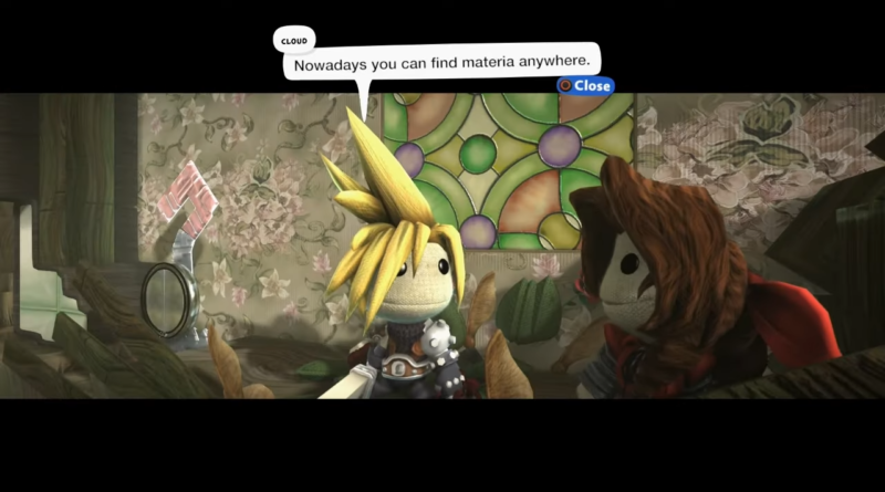 Personagens Cloud e Aerith de Final Fantasy 7 recriados em LittleBigPlanet 2 discutindo sobre materia em um cenário detalhado.