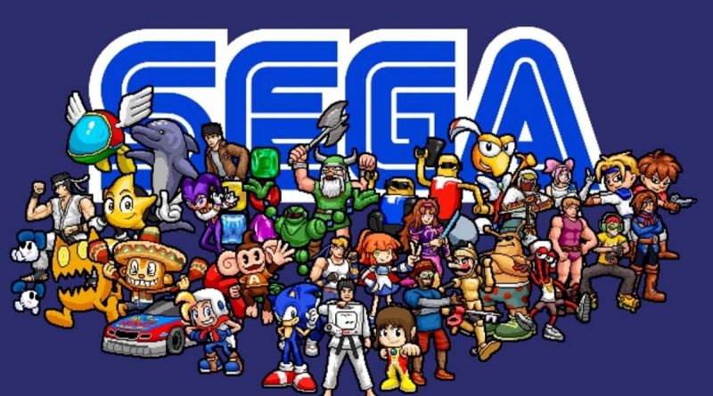 Personagens de jogos clássicos da Sega reunidos em frente ao logotipo da empresa.