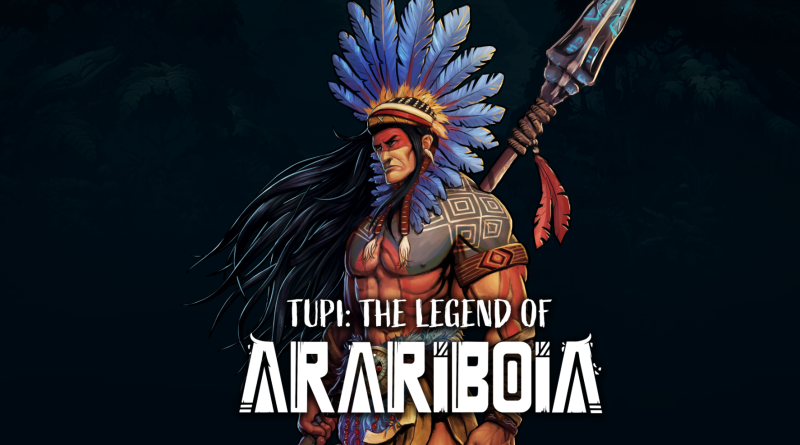 Tela do jogo "Tupi: A Lenda de Arariboia" mostrando o personagem principal em um cenário de floresta tropical.