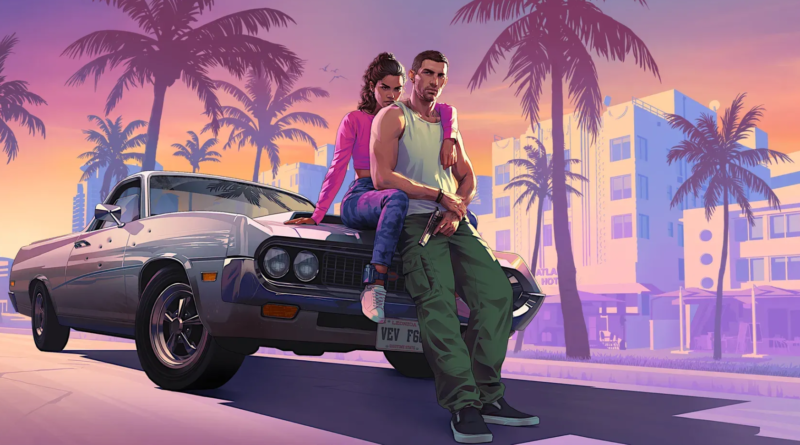 Dois personagens de GTA 6 sentados em um carro clássico com um cenário de cidade ao fundo.