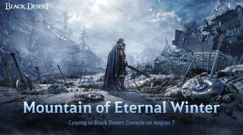 Personagem de Black Desert em cenário congelado, cercado por espadas e escudos no chão, com a mensagem "Mountain of Eternal Winter" e a data de lançamento em 7 de agosto.