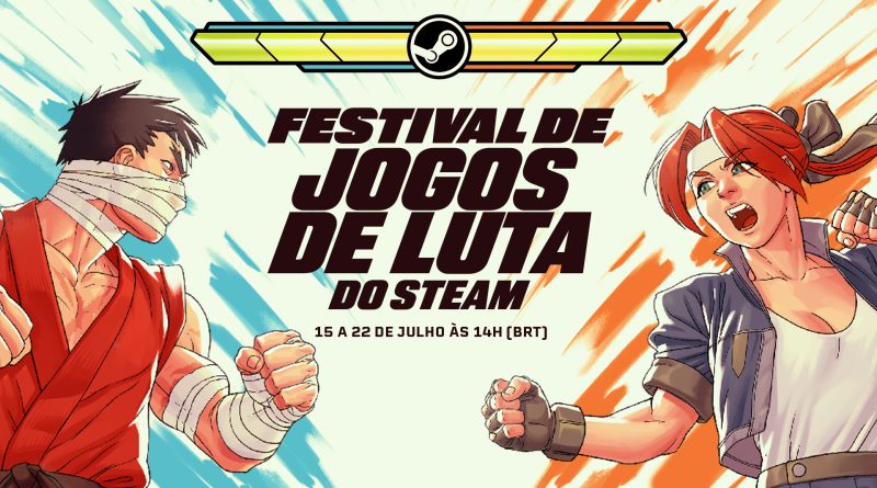 Dois personagens de estilo anime, um homem e uma mulher, em poses de luta, com o título "Festival de Jogos de Luta do Steam" e a data "15 a 22 de julho às 14h (BRT)" entre eles.