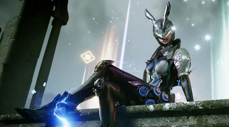 Imagem de Bunny, personagem do jogo The First Descendant, em um cenário de floresta.