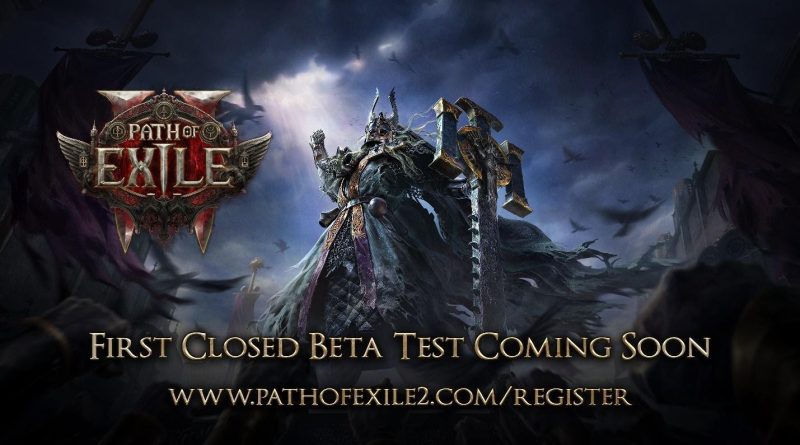 Imagem promocional do jogo Path of Exile 2 anunciando o primeiro teste beta fechado com link para registro.