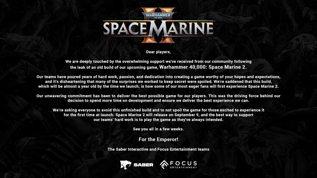 Comunicado oficial dos desenvolvedores sobre o vazamento do jogo Warhammer 40,000: Space Marine 2.