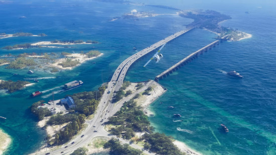 Estrada que se estende por várias ilhas cercadas por águas cristalinas, com um avião sobrevoando.