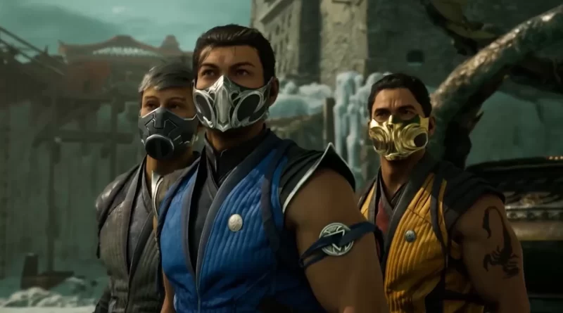 Personagens de Mortal Kombat 1 com máscaras em cenário de combate