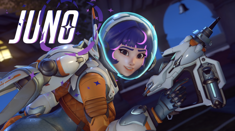 Imagem da nova heroína de suporte Juno em Overwatch 2. Ela está vestindo um traje espacial com detalhes em laranja e segurando uma arma futurista.