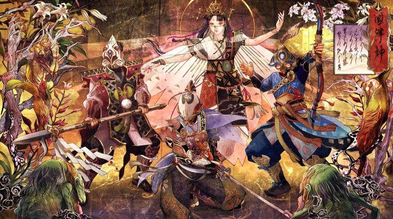 Arte conceitual do jogo Kunitsu-Gami: Path of the Goddess com personagens em trajes tradicionais e elementos místicos.