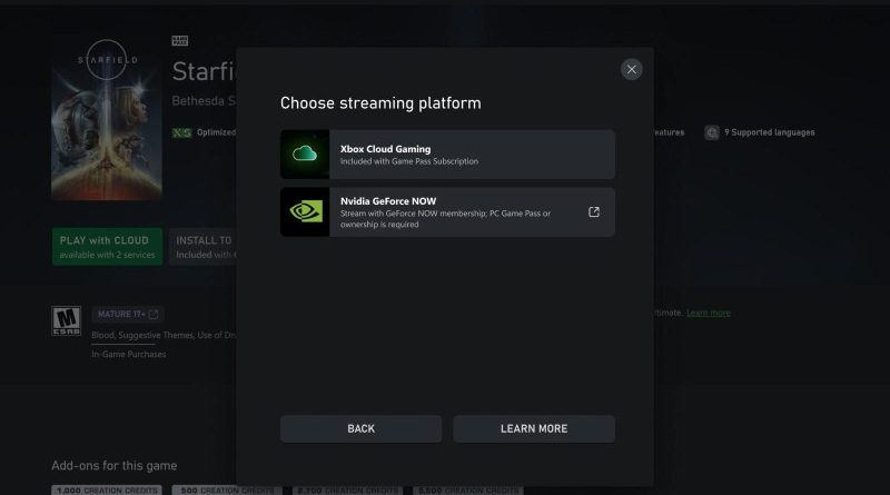 Imagem de uma janela pop-up na página do jogo Starfield no site da Xbox, mostrando opções de escolha de plataforma de streaming: Xbox Cloud Gaming e Nvidia GeForce NOW.