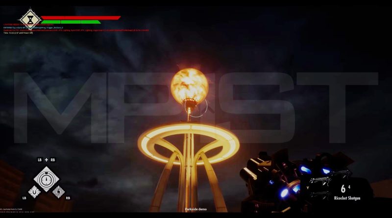 Captura de tela de BioShock 4 mostrando uma torre iluminada com um orbe brilhante no topo, com a interface do jogo visível e a Ricochet Shotgun na mão do protagonista.