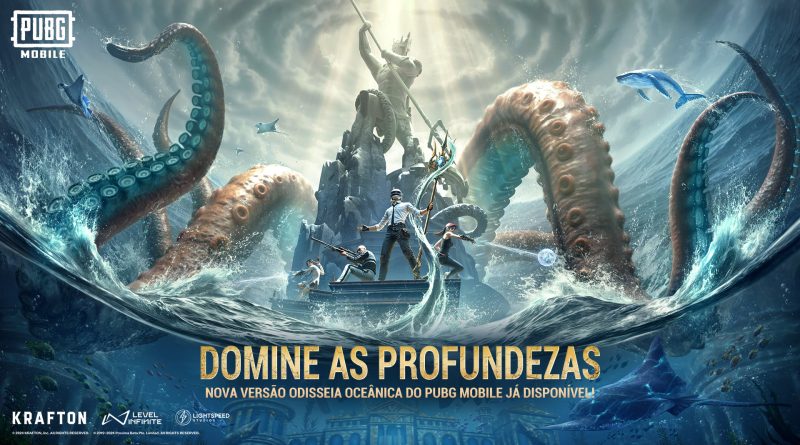 Imagem promocional da nova versão oceânica do PUBG Mobile com jogadores enfrentando um Kraken gigante em frente a uma estátua de Poseidon.