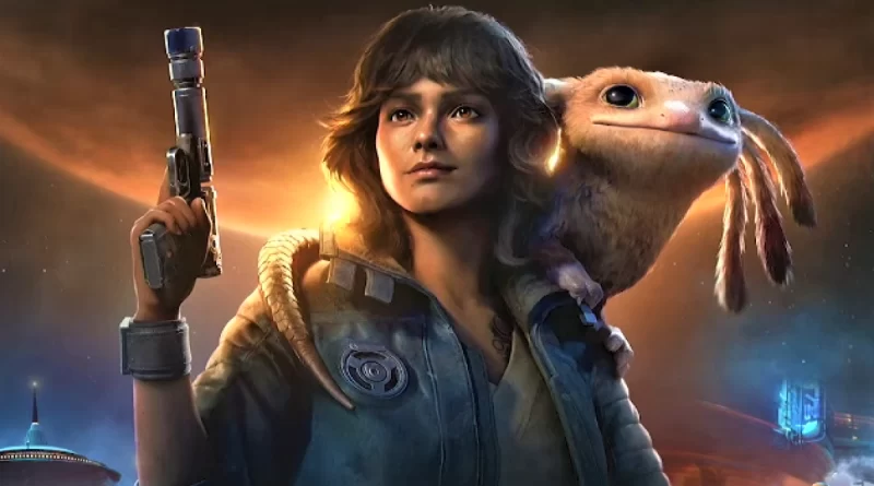 Personagem feminina com blaster e criatura alienígena no ombro em arte de Star Wars Outlaws