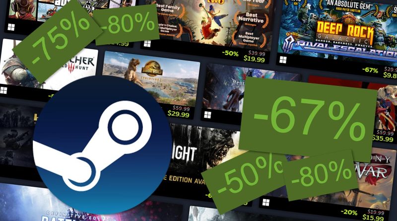 Imagem mostrando promoções de jogos na plataforma Steam com descontos entre 50% e 80%, destacando a logo da Steam.