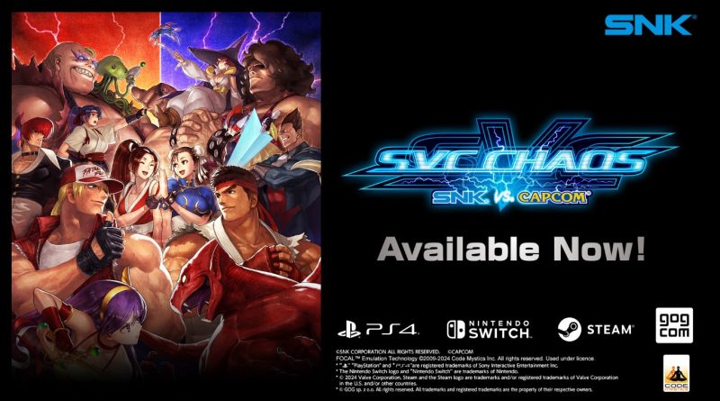 Imagem promocional de SVC CHAOS: SNK vs. Capcom mostrando personagens icônicos dos dois universos de jogos com o logotipo do jogo e a frase 'Available Now!