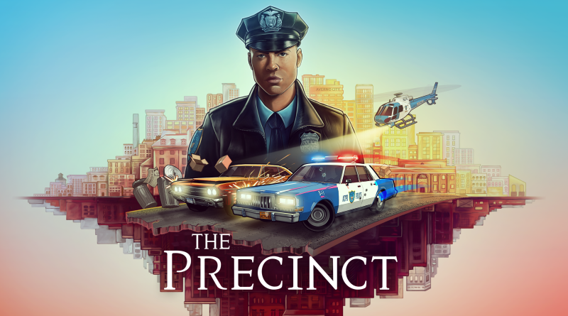 Imagem de um policial de uniforme com uma cidade ao fundo, carros de polícia e helicóptero em ação no jogo The Precinct.