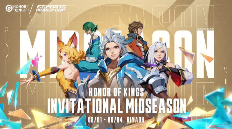 Arte promocional do Honor of Kings Invitational Midseason 2024 mostrando personagens do jogo.