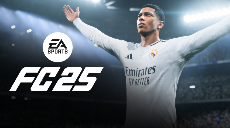 Imagem promocional do jogo EA SPORTS FC 25 com um jogador de futebol do Real Madrid de braços abertos em celebração e o logotipo da EA SPORTS no centro.