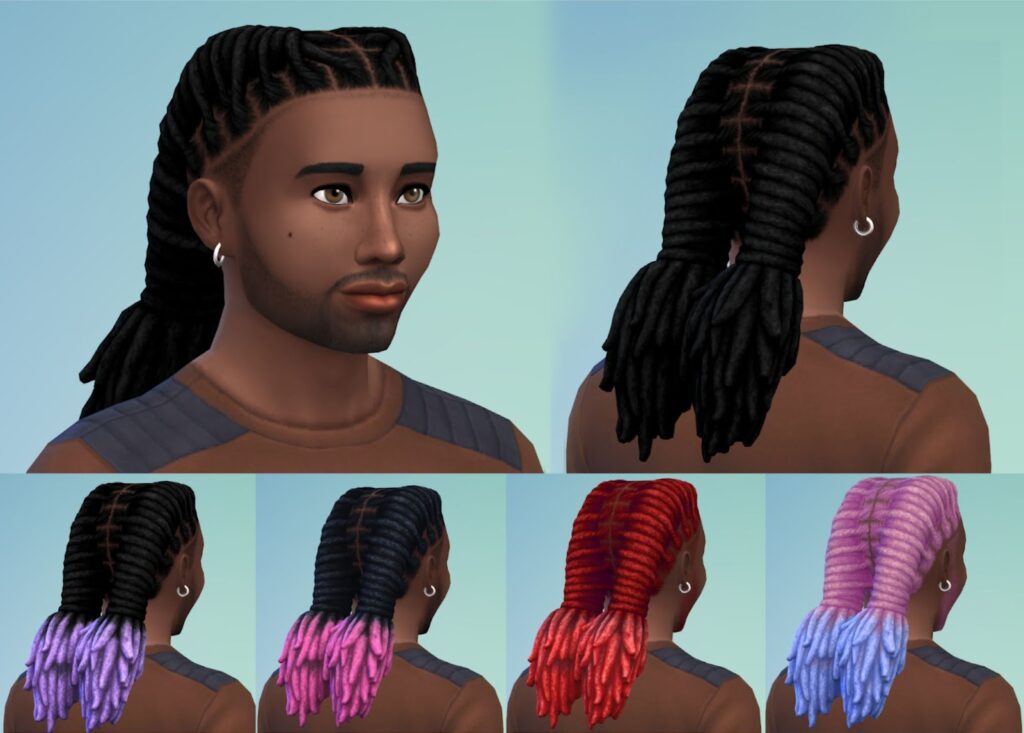 Imagem do The Sims 4 mostrando um Sim masculino com penteado de dreadlocks em várias cores, incluindo preto, roxo com pontas rosa, vermelho, e rosa com pontas azuladas, destacando a colaboração com a Dark & Lovely na nova atualização do jogo.