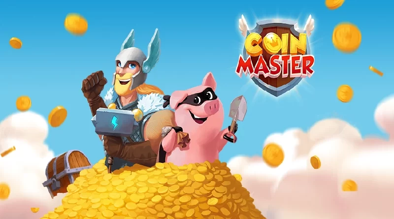 Imagem promocional do jogo Coin Master, apresentando um personagem Viking e um porco mascarado em cima de uma pilha de moedas douradas.