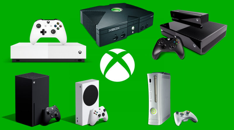 Imagem mostrando a evolução dos consoles Xbox, incluindo modelos do Xbox original, Xbox 360, Xbox One e Xbox Series X/S.