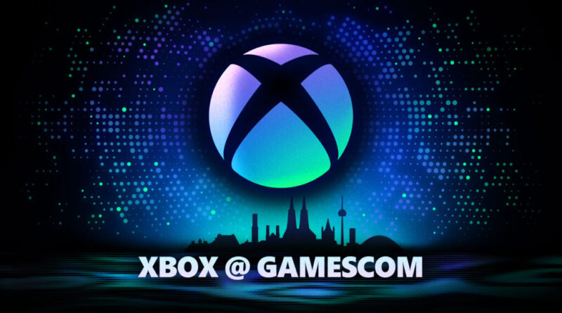 Logo do Xbox com a silhueta da cidade de Colônia ao fundo, destacando a participação da Microsoft na Gamescom 2024.