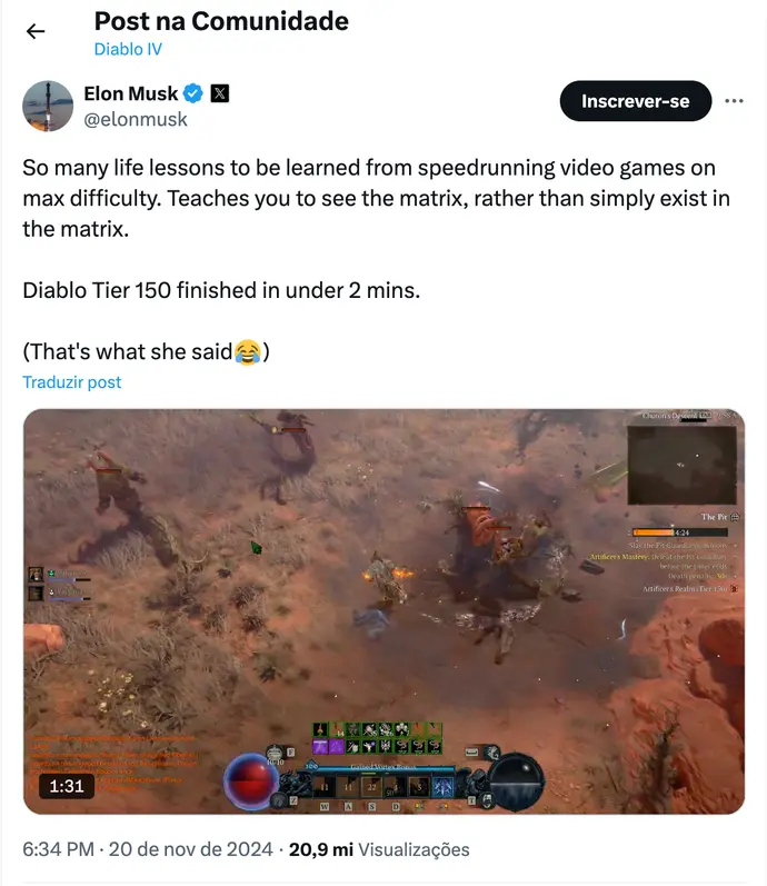 Elon Musk quebra recorde mundial em Diablo 4