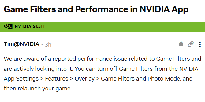 Nvidia recomenda desativar filtros no App para evitar queda de FPS