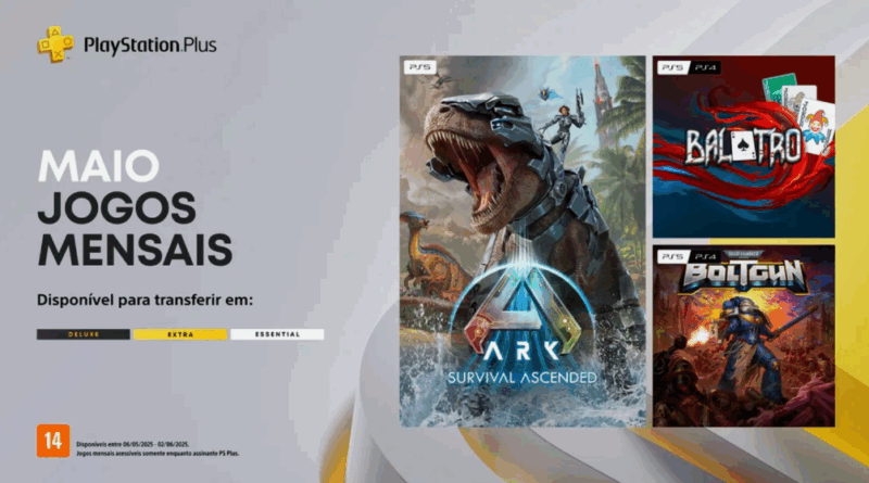 PlayStation Plus de maio traz Ark: Survival Ascended, Balatro e Warhammer 40K: Boltgun; jogos disponíveis entre 6 de maio e 2 de junho para membros ativos.