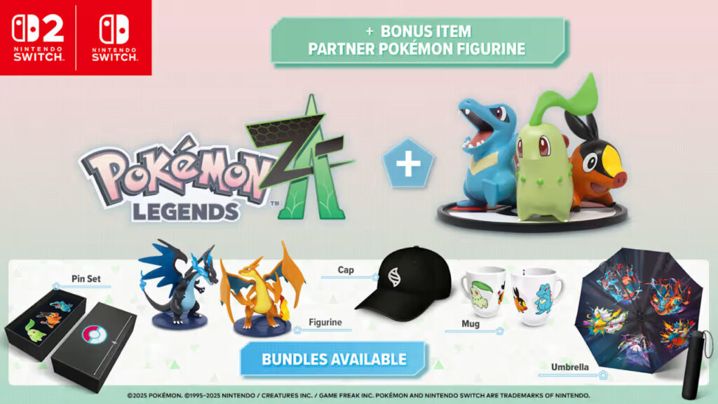 Miniatura dos iniciais Chikorita, Tepig e Totodile como bônus de pré-venda de Pokémon Legends: Z-A