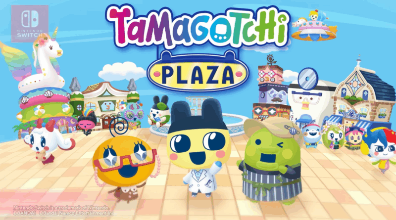 gameplay de TAMAGOTCHI PLAZA com destaque para lojas e personagens